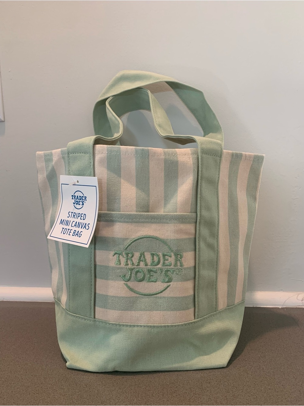 NWT-Trending TraderJoe's Striped Mint & Cream mini Canvas Tote Bag.